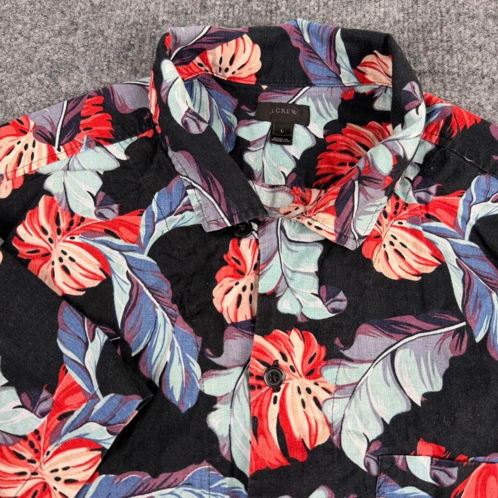 J.Crew Tropical Floral Mens Button Down Shirt Large Linen Blend Black EUC